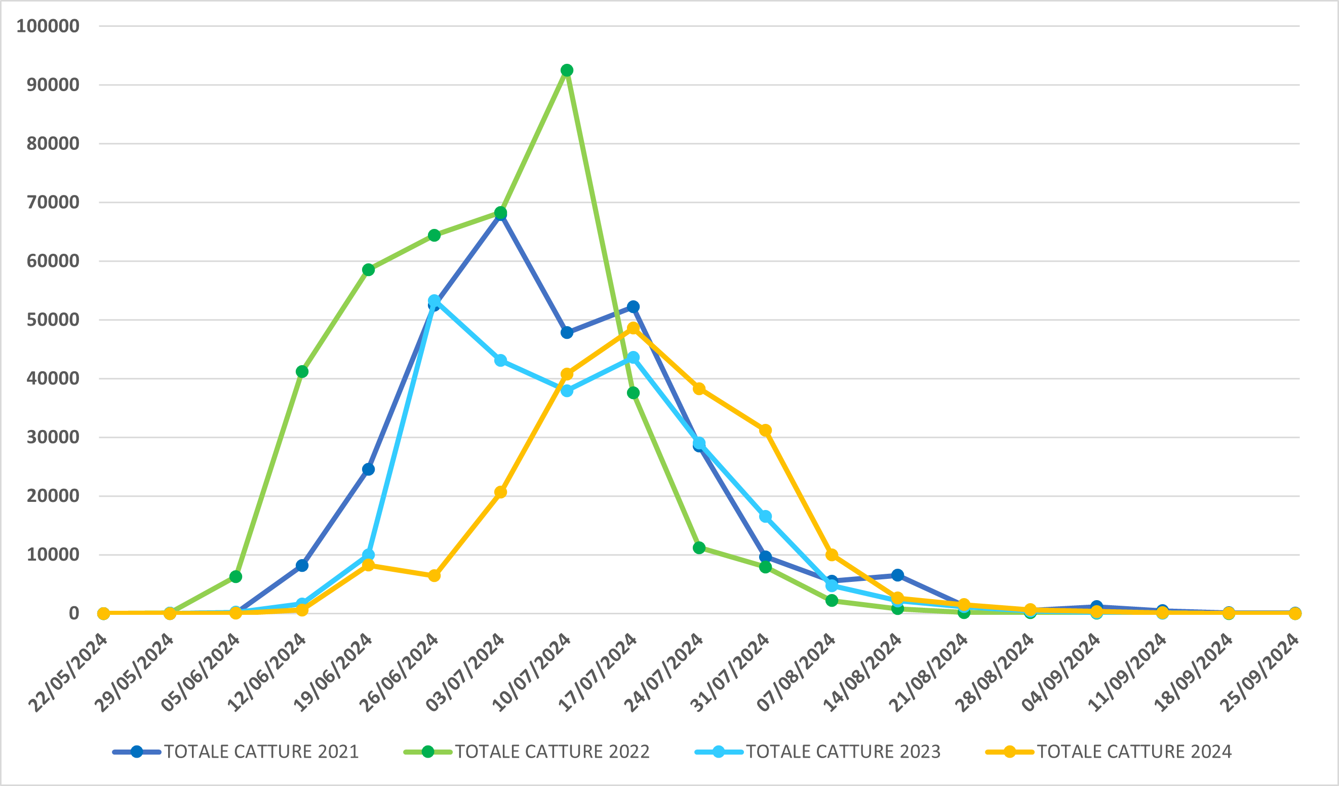 Catture di Popillia japonica sul territorio della regione Lombardia (confronto 2021-2024)
