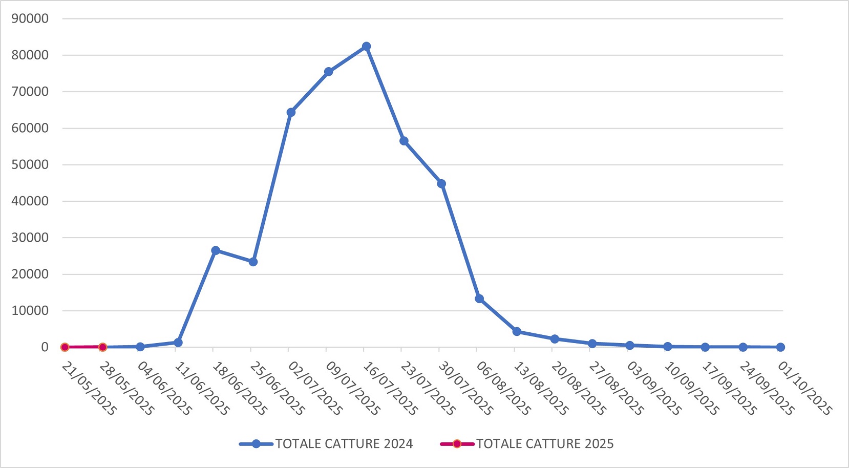 Catture di Popillia japonica sul territorio della regione Lombardia (confronto 2024-2025)